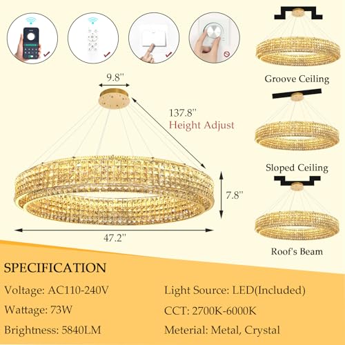 W47 Modern Chandeliers for Living Room LED Dimmable Pendant Lighting High Ceiling Chandelier for Dining Room Foyer Hallway Crystal Rectangle Light Fixtures Gold (Gold / Round 47")