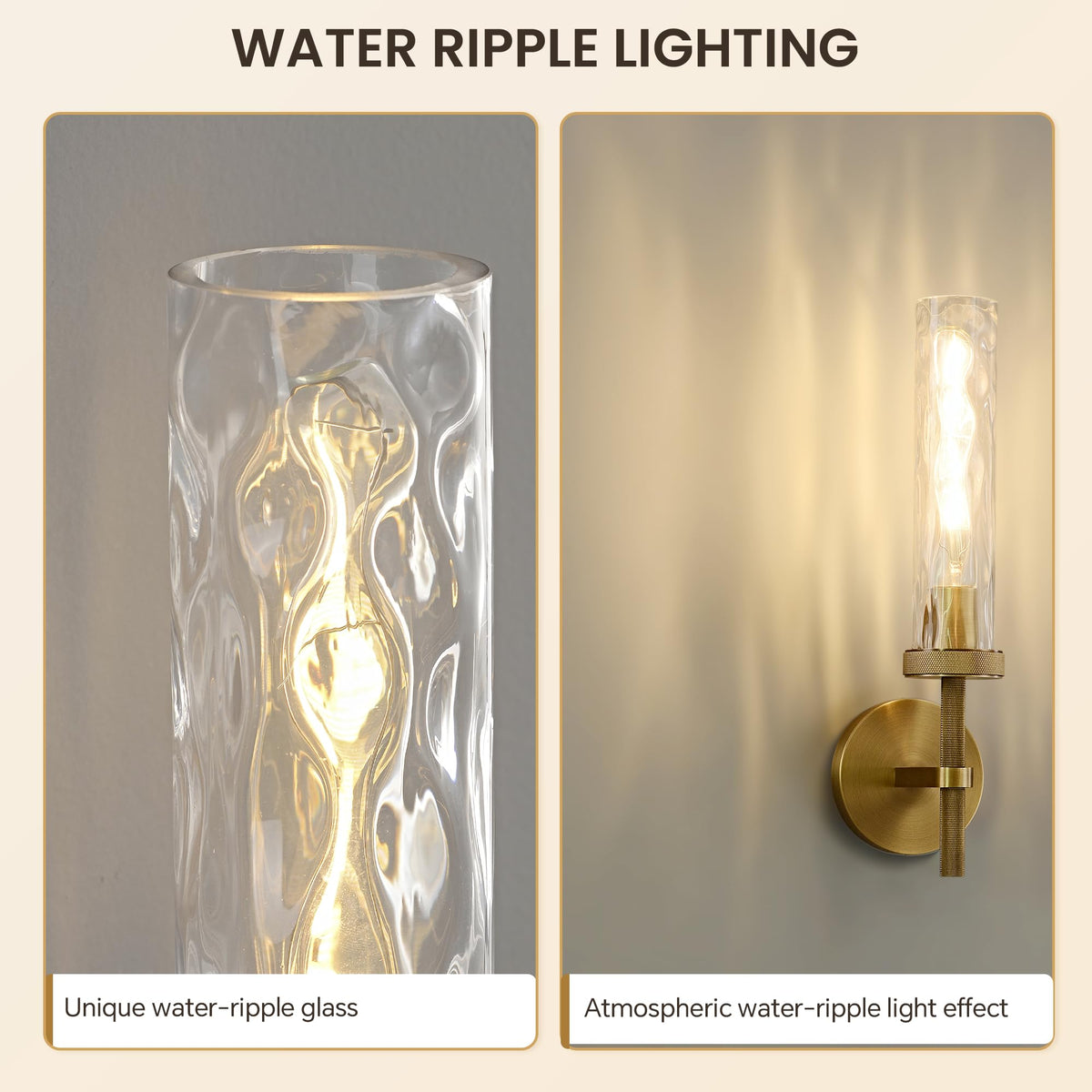 Bathroom Sconces Set of 2 Hardwired Sconces with Water Ripple Glass (Brass / 16.5in-2PK)
