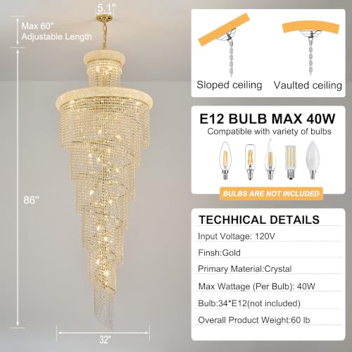 34 Light Extra Large Long Spiral Crystal Chandelier for High Ceiling Foyer Entryway Living Room Staircase Gold Finish 86'' H X 32'' W X 32'' D (Gold / 86'' H X 32'' W X 32'' D)