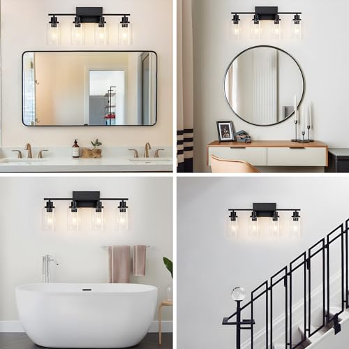 4 Light Black Bathroom Vanity Light Fixture Over Mirror Modern Farmhouse Wall Lighting Sconces Industrial Wall Lamp for Bathroom Bedroom Living Room E26 Socket with Glass Shade (Black / 4 Light)
