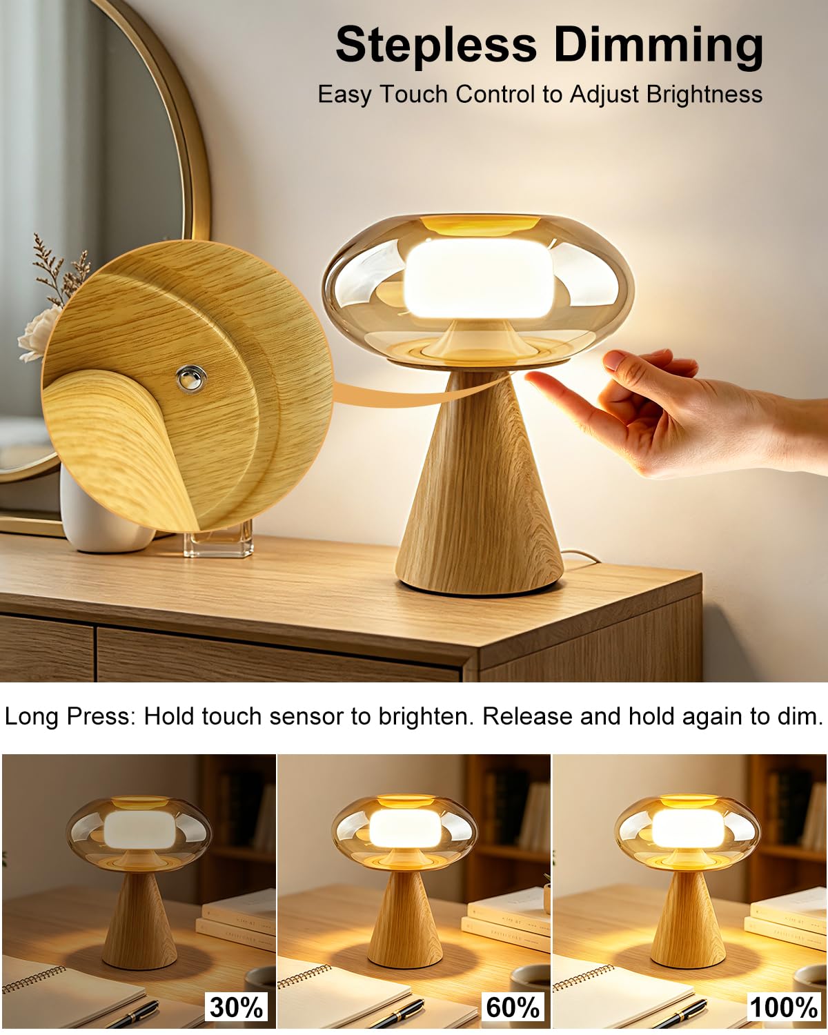 Mushroom Table Lamp Dimmable RGB Ambient Lighting Bedside Lamp (24-Walnut-Mushroom)