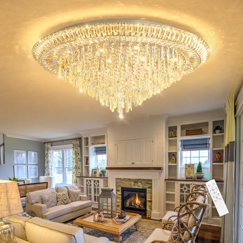 Modern LED Crystal Chandelier for Living Room Dimmable Large Ceiling Light Fixture Round Raindrop Chandeliers for Dining Room Entryway Bedroom Foyer Silver (Silver / W40")