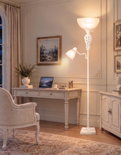 Torchiere Floor Lamp with Adjustable Reading Light for Living Room Corner (Washed White)