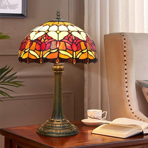 Red Tulip Tiffany Style Stained Glass Table Lamp Bed Room Bedside Reading Desk Light for Living Office Dormitory Bar Retro Unique Cute Accent Decor Cottage 12" Village Gift Nightstand Lamps (Red Tulips)
