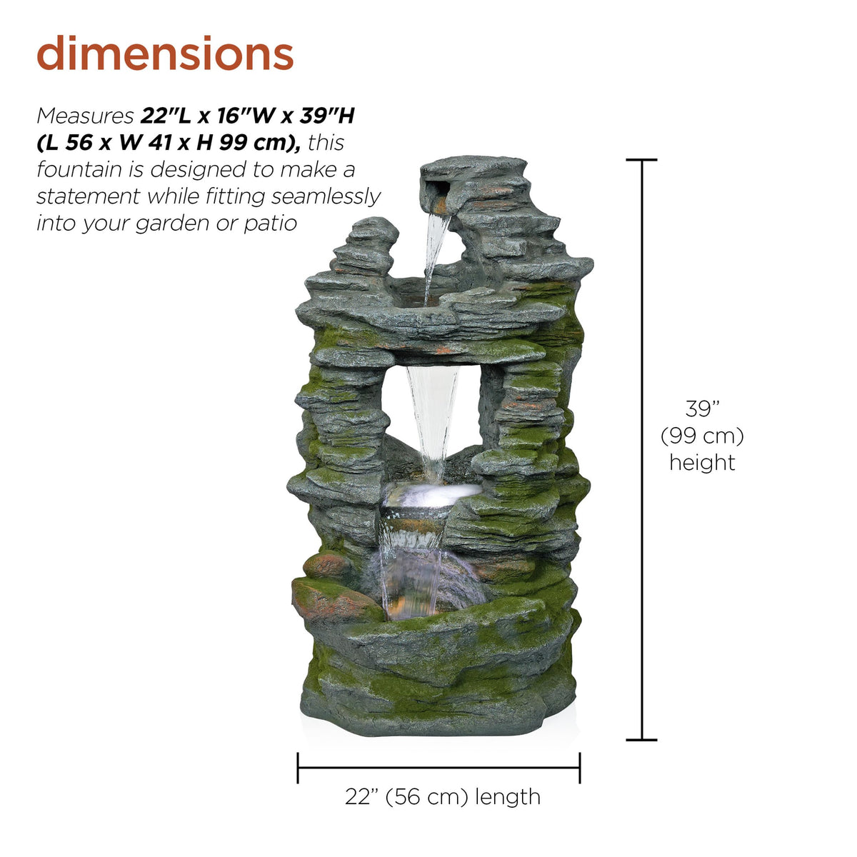 WIN1648 39" Stacked Stone Rainforest Fountain with Cool White LED Lights (39"h - 3 Cool White Leds)