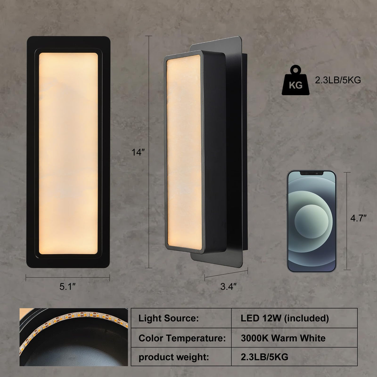 14" Alabaster Wall Sconce (Black / 14in)