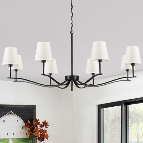 8 Light Black Chandelier with White Linen Shade 44'' Fabric Dining Room Chandeliers Over Table Transitional Living Room Chandeliers for Master Bedroom Entry Hanging Light Fixture Home Office Kitchen (Black & Linen / 43.7 inch)