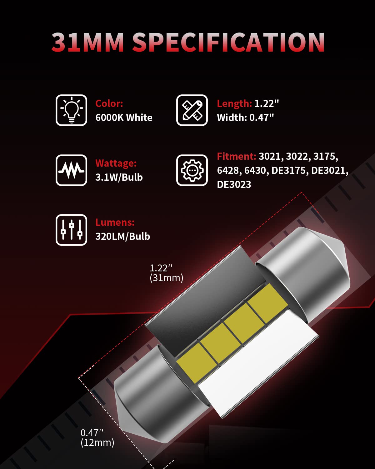 31mm LED bulb Festoon 30MM DE3175 DE3021 6428 DE3022 Error Free (White / 31mm/DE3175)