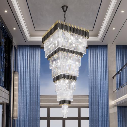 W32in x H94.5in Large Black Gold Crystal Chandelier (D32"XH94.5" Black)