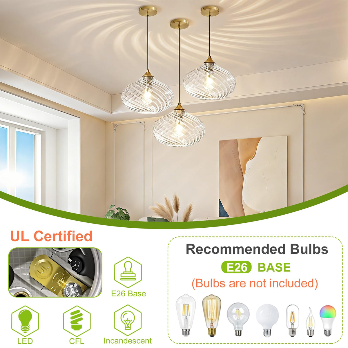 11in Gold Pendant Lights Kitchen Island with Clear Glass Shade 1Pack (Gold-Striped Clear Glass)