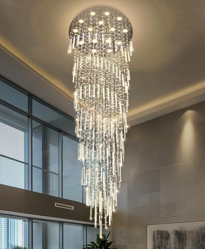 D40'' x H120'' Crystal Chandelier High Ceiling Chandeliers for Entryway Large Raindrop Chandeliers LED Dimmable Flush Mount Light Fixtures for Staircaes Foyer Hallway Living Room Bulbs Included Silver (D40'' x H120'' Silver)