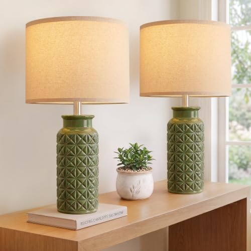 22.6" Modern Ceramic Bedside Lamps Set of 2 (Dark Green)