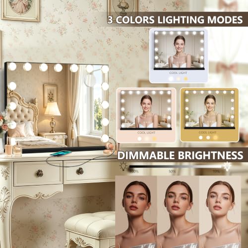 Black Hollywood Vanity Mirror with Lights (Black / 23"L x 18"W)