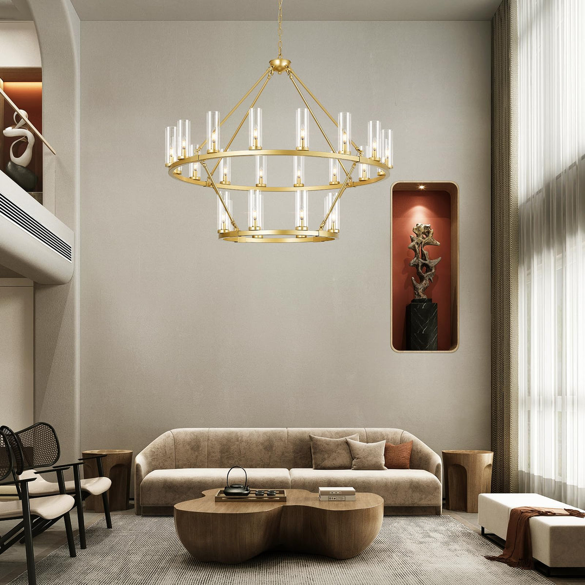48 Inch Large Gold Wagon Wheel Chandelier with Clear Glass Shade 2 Tier 24 (Gold / 2 Tier-24 Lights)