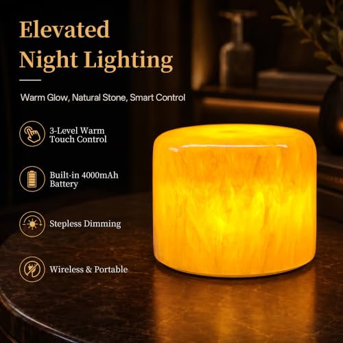 Natural Marble Cordless Touch Rechargeable Table Lamp Night Light (Golden Silk onyx)