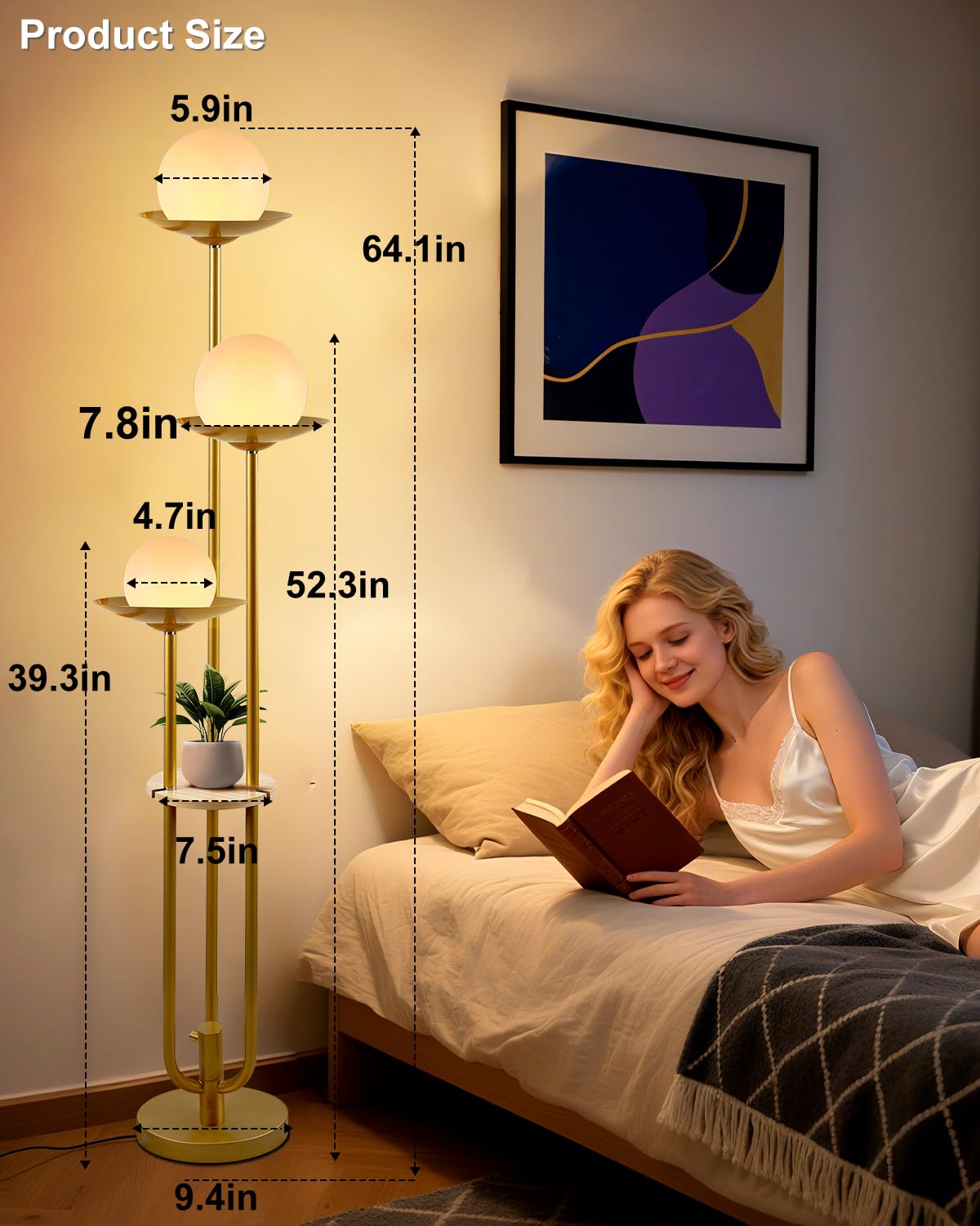 63IN Globe Floor Lamp with Shelf 3 (Gold-3UL)