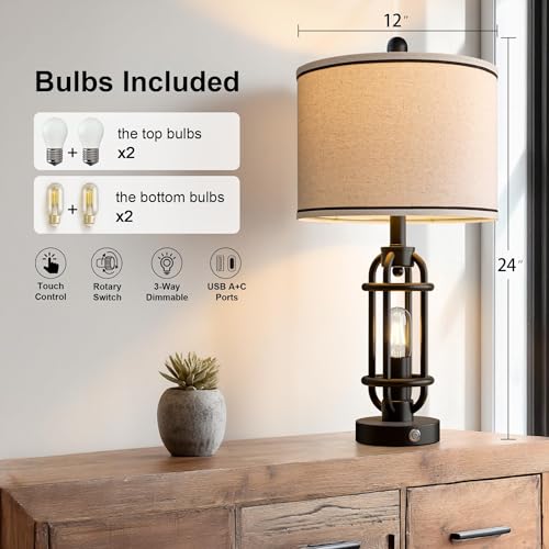 24'' Table Lamps for Living Room Bedroom Set of 2 Industrial Touch Lamp with USB A+C Ports (24'' Black - Set of 2)