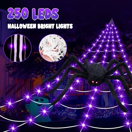 Halloween Decorations 16.4Ft Spider Web with LED Lights & 59" Giant Spider (Purple)
