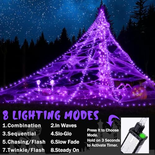 Halloween Spider Web Lights Decoration 455 LED Spider Webs Halloween Decorations Outdoor with 59" Large Spider & 3.53 oz Stretch Cobweb 16.4 Ft Light Up Giant Spider Web with 8 Modes & Timer