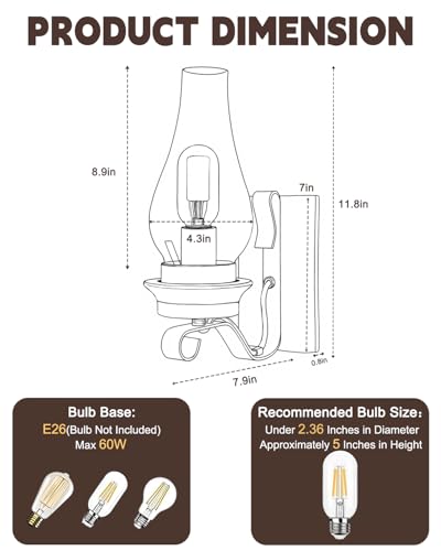 Rustic Wall Sconce Vintage Farmhouse Wall Light Fixtures Industrial Glass Wall Lamp for Cabin Bedroom Living Room Hallway Fireplace (1pcs)
