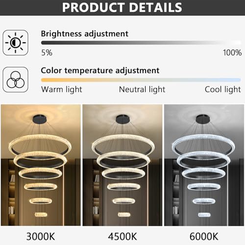 47" 6 Ring Crystal Chandelier Modern LED Dimmable Ring Pendant Light Chandelier for Dining Room Living Room Black (Black / 6 Ring Round 47")