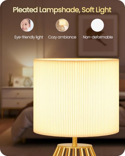 Gold Table Lamp with Pleated Lampshade (White Pleated + Gold)