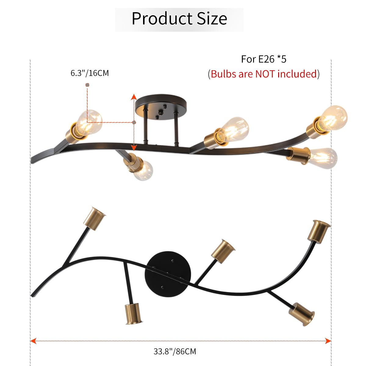 Modern Sputnik Semi Flush Mount Ceiling Light Fixture Black and Gold (5-lights Black and Gold)