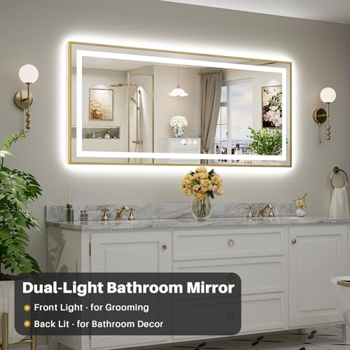72x32 Inch LED Bathroom Mirror with Gold Frame (Backlit+front Lit With Gold Frame / 72"L x 32"W)