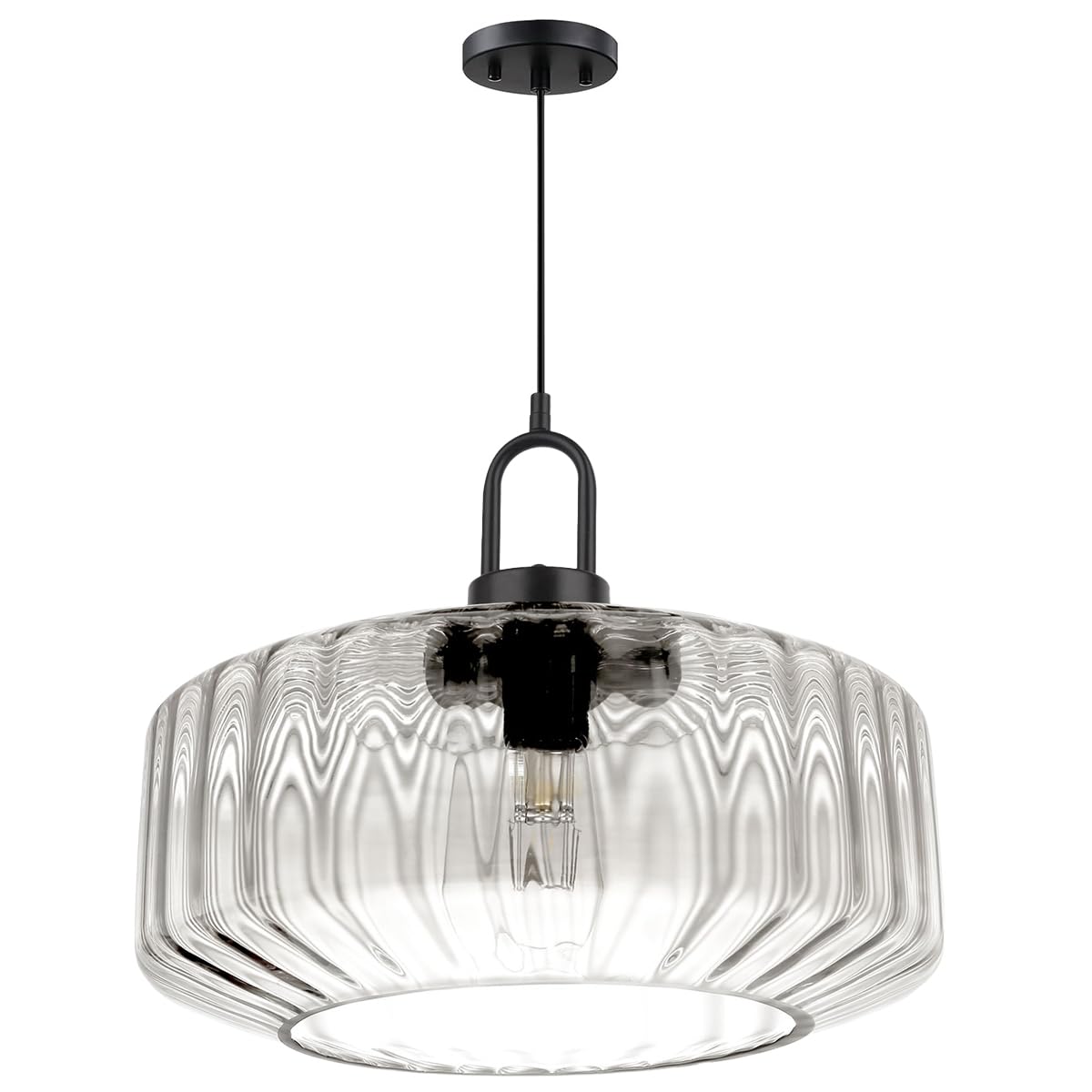 Clear Ribbed Large Glass Pendant Light Black 13.78″ light fixture (13.7″Clear)