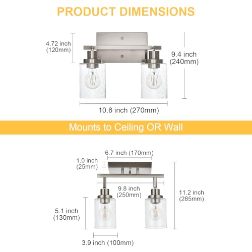 2 Light Brushed Nickel Kitchen Track Lighting Fixtures Ceiling Mount Track Lighting Kit with Bubble Seeded Glass Shade Modern Bathroom Tracking Vanity Lights Ceiling Tracking Accent Shop Light (Brushed Nickel / 2-Light)
