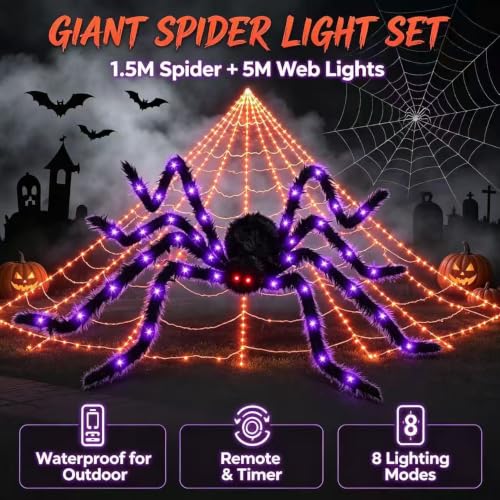 Halloween Spider Web Lights Outdoor 200in LED Giant Yard Decor with Timer