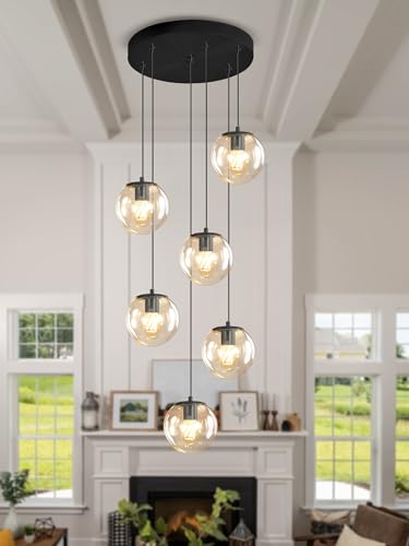 6 Light LED Staircase Modern Glass Globe Pendant Light Large Chandeliers for High Ceilings (Black-Clear / Globe 6-Light)