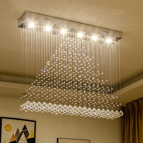 Contemporary Modern Crystal Chandelier Flush Mount Chandelier Rain Drop Lighting Led Ceiling Bathroom Fixtures Pendant Lamp for Living Dining Room Foyer Bedroom Hallway L32 X W8 X H26 (04-Silver L3...