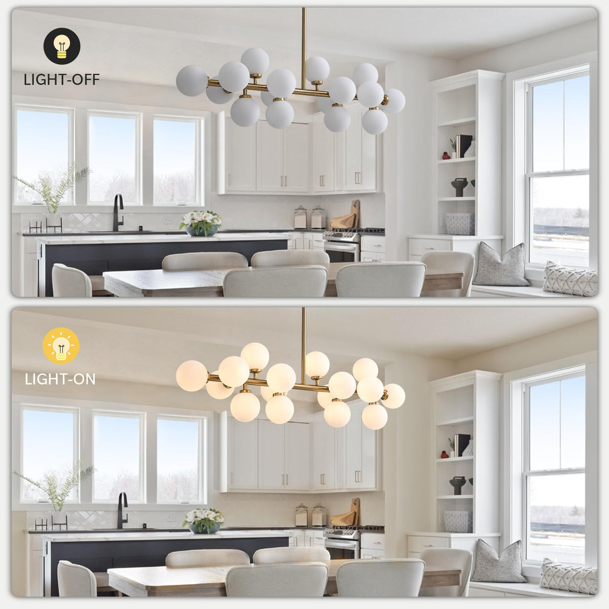 Gold Dining Room Chandelier Over Table Mid Century Modern Chandelier White Glass Globe Lampshade Linear Pendant Lighting Fixture for Living Room Dining Table 16 Lights (Gold)