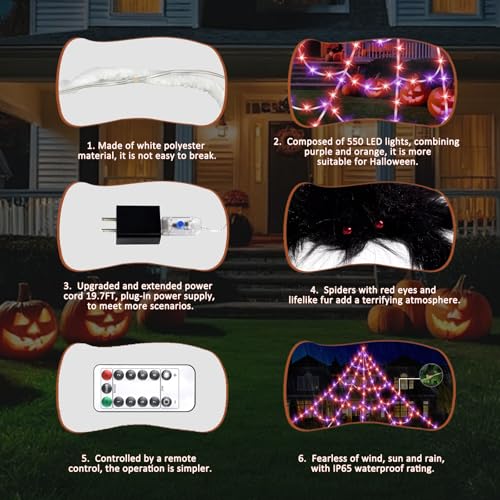 Halloween Spider Web Lights 550 LED Lighted Spider Web 16.4Ft Giant Halloween Decorations Light up with 8 Lighting Modes Waterproof & Timer for Indoor Outdoor House Haunted Yard Decor (Art Deco)