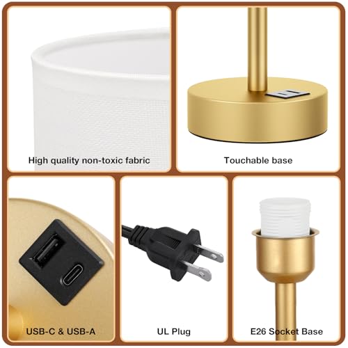 Bedside Table Lamp for Bedroom (White & Gold / 14" Touch Control)