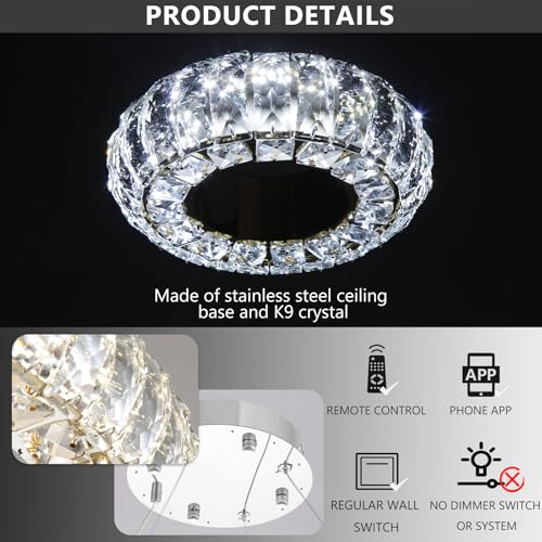 8" Ring Modern LED Dimmable Crystal Chandelier Adjustable Height Pendant Light Round Crystal Chandelier Light Fixtures for Dining Room Living Room Kitchen Island Silver (Silver / 1 Ring Round 8")