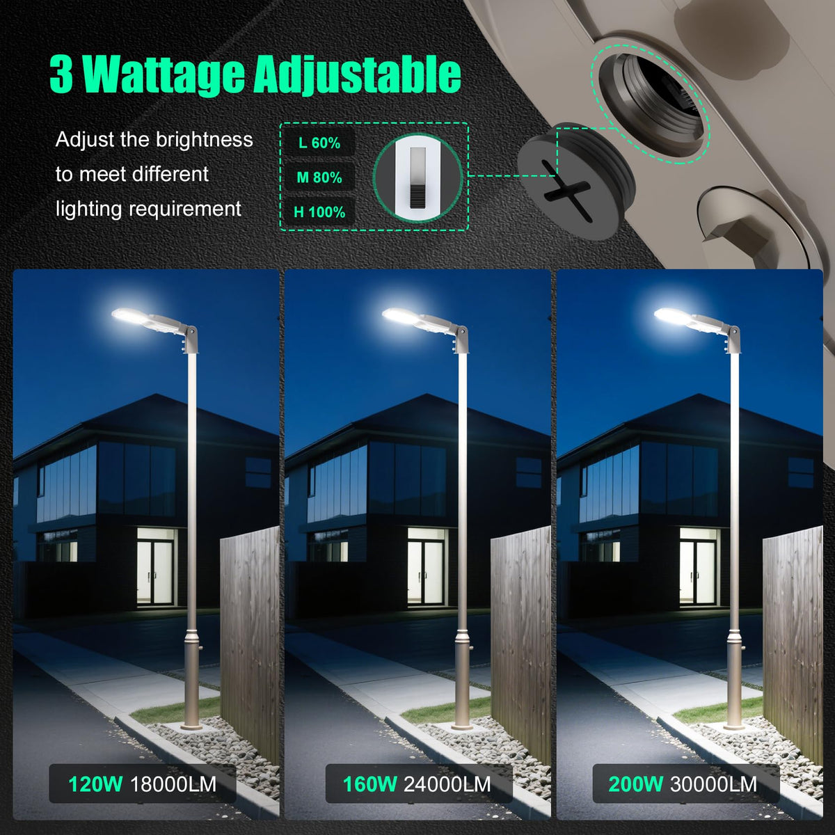 6Pack 200W LED Parking Lot Light with Photocell Adjustable Power 30000LM UL Listed LED Shoebox Light IP65 5000K Outdoor Commercial Area Street Lighting (200W)
