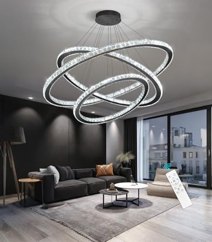 Modern Crystal Chandelier Dimmable LED Ceiling Light Fixture Luxury 3 Ring Stainless Steel Pendant Light for Living Room Dining Room Foyer Black (Black / 3-Ring 40")