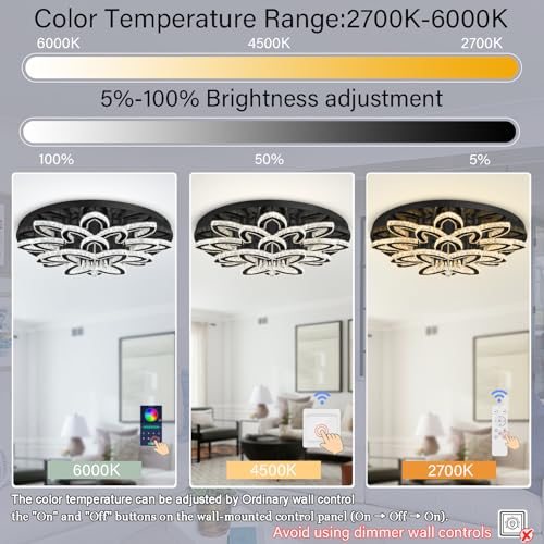 40" Modern Crystal Chandelier for Dining Room LED Dimmable Flush Mount Chandeliers Black Ceiling Chandelier for Living Room Bedrooms (Black / Dia 40")