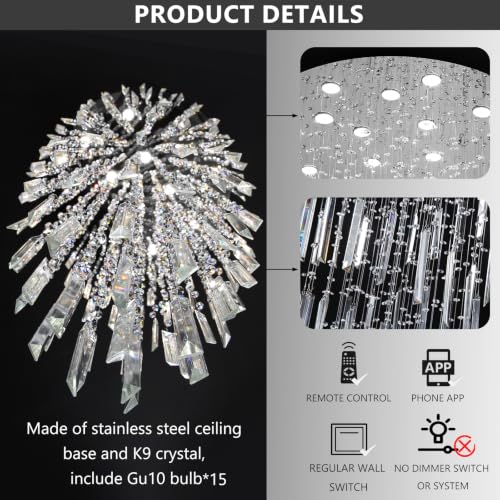 D40'' x H120'' Crystal Chandelier High Ceiling Chandeliers for Entryway Large Raindrop Chandeliers LED Dimmable Flush Mount Light Fixtures for Staircaes Foyer Hallway Living Room Bulbs Included Silver (D40'' x H120'' Silver)