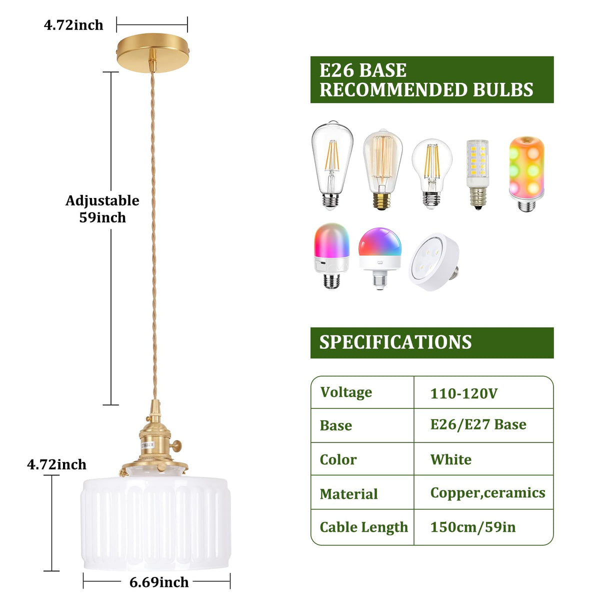 Pendant Light with White Striped Glass Lmapshade (Z-Striped White)