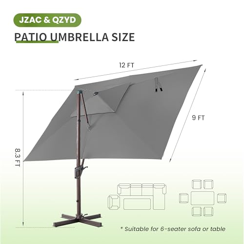 9x12 FT Cantilever Offset Patio Umbrella with Lights (Grey)