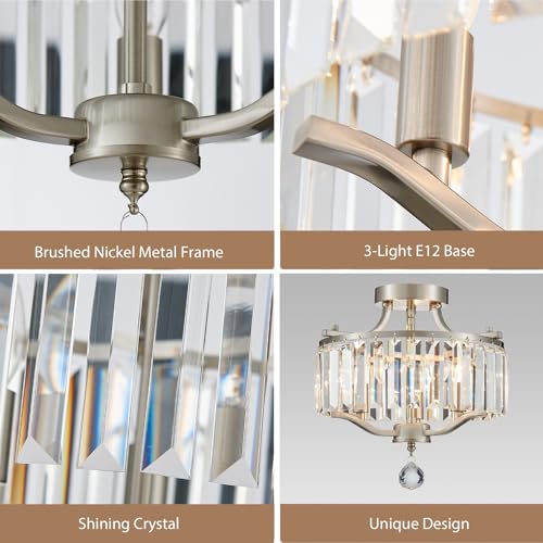 Brushed Nickel Crystal Semi Flush Mount Ceiling Light Fixture Modern Farmhouse Small Chandelier 3 (055-Brushed Nickel)