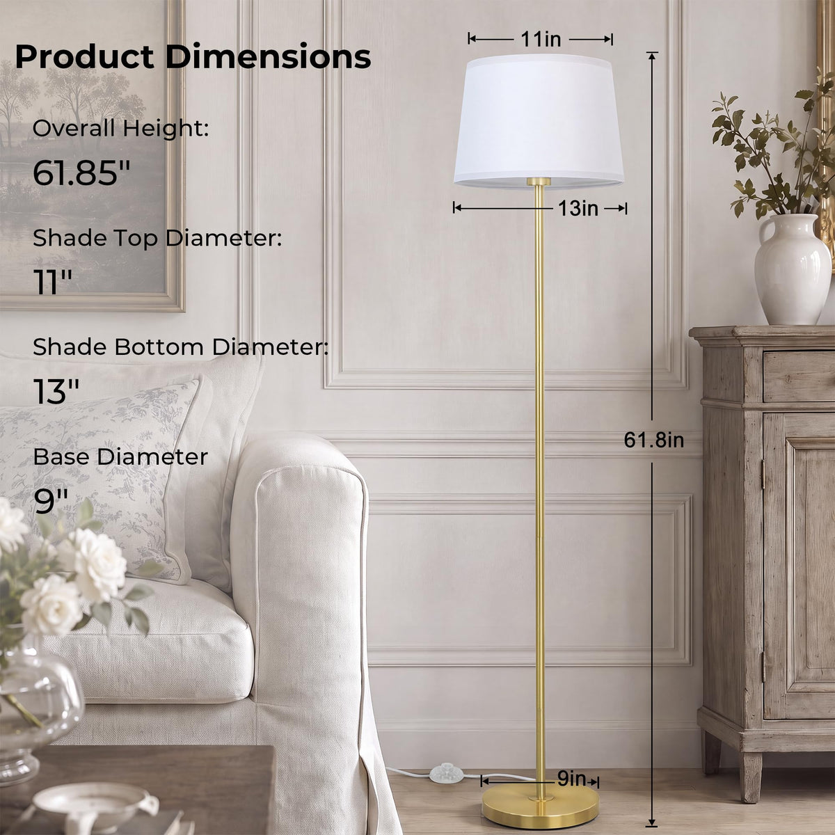 Gold Floor Lamp for Living Room (Gold+White Shade)