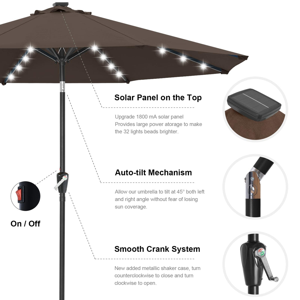 Solar Led Patio Umbrella with 32 Lights 10FT (LED Umbrella / 10ft / Brown)