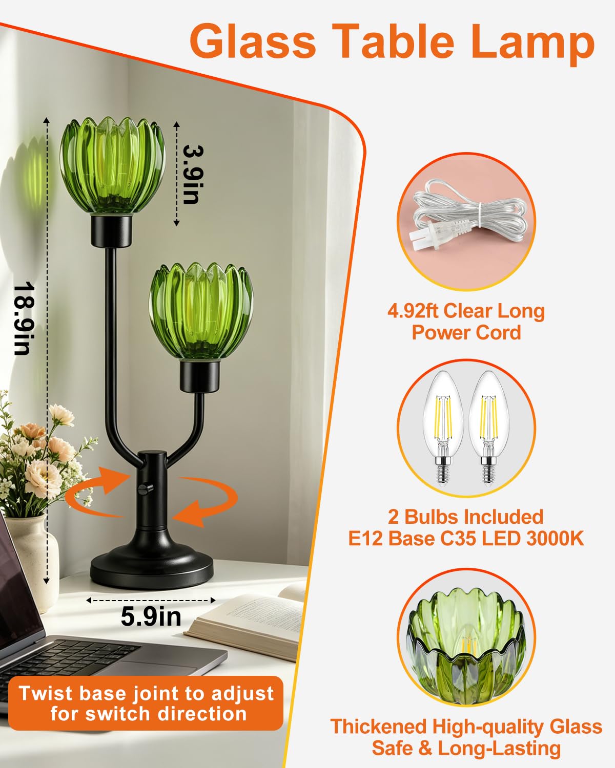 Vintage Green Glass Flower Table Lamp Dimmable Nightstand Lamp (01-Black-Green-Bud)