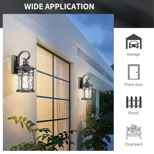 Outdoor Porch Lights Wall Mount Sconces with Stone Glass Outdoor Lighting Waterproof Exterior Lantern for House Front Porch Patio Garage Doorway Garden (1 Pack-Water Ripple Glass / Large)
