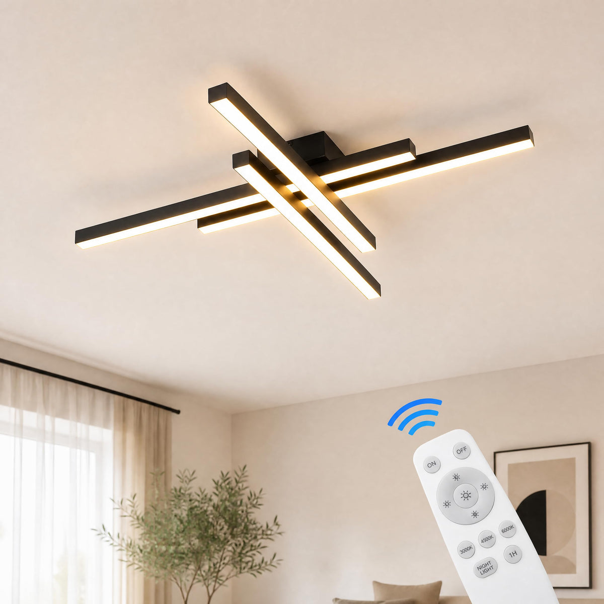 Modern LED Ceiling Lights 43.3" Black Flush Mount Ceiling Light Fixture Sputnik Dimmable Ceiling Lights with Remote Control for Bedroom Living Room Kitchen Room (4 Lights)