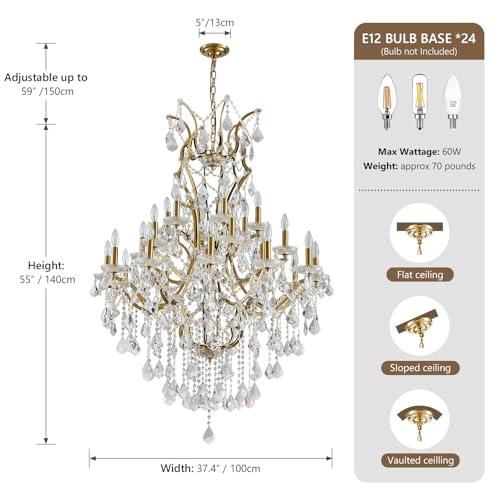 24 Lights Large Crystal Chandeliers for High Ceilings Brass Maria Theresa Chandelier Modern Chandelier Light Fixture for Foyer Living Room Hallway Entryway Staircase 55.1" H x 39.4" D (Brass / 24 Lights)